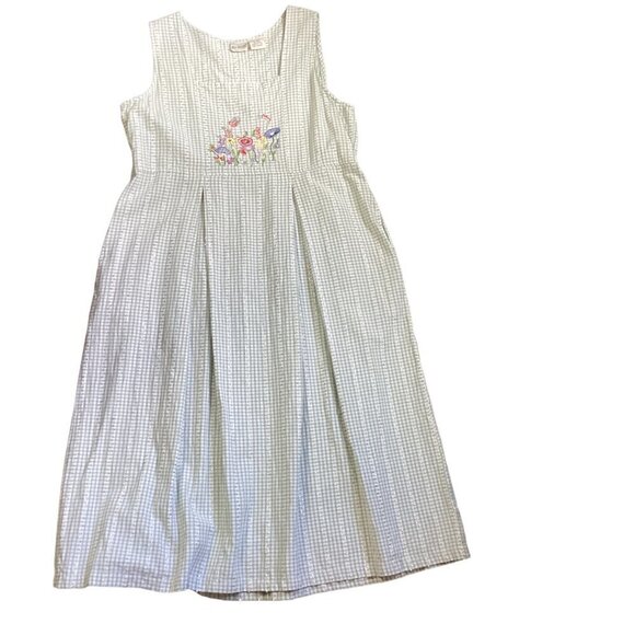Two Twenty Sleeveless Square Neck Dress Green Gingham Embroidered Flowers L 152L - Picture 5 of 8